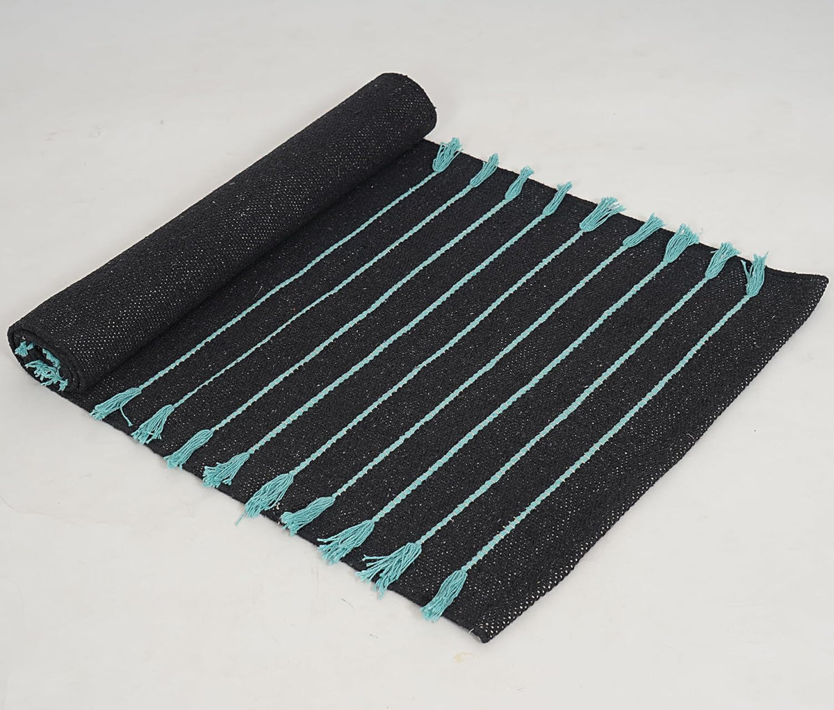 Indian Handmade 100% Organic Cotton Yoga Mat, Hand Woven Rug, Thick Yoga Mat For Everyday Fitness at Home Comfortable Foldable Long Mat 72 x 24 Inches, Balck & Turquoise