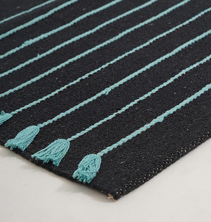Indian Handmade 100% Organic Cotton Yoga Mat, Hand Woven Rug, Thick Yoga Mat For Everyday Fitness at Home Comfortable Foldable Long Mat 72 x 24 Inches, Balck & Turquoise