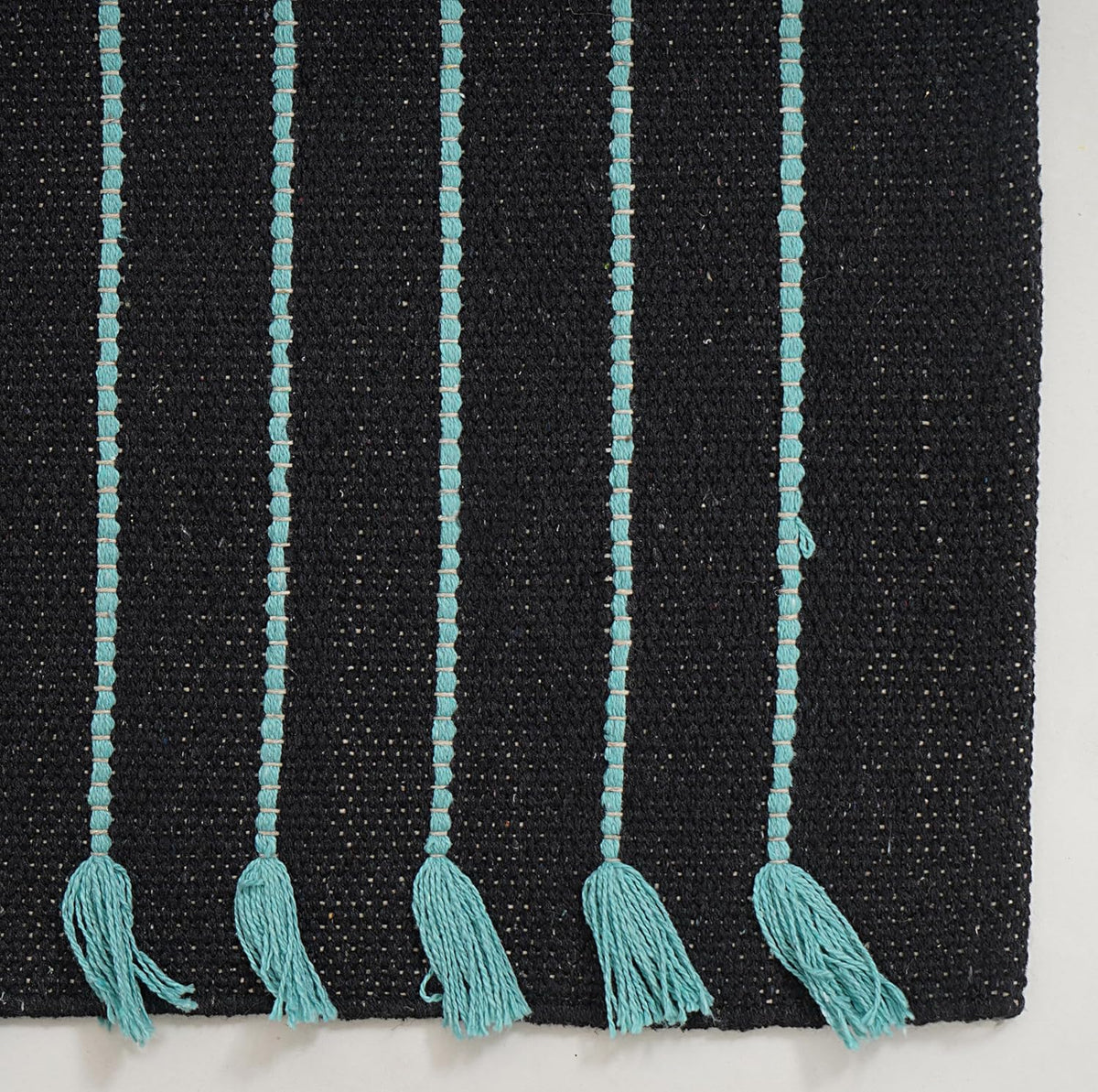 Indian Handmade 100% Organic Cotton Yoga Mat, Hand Woven Rug, Thick Yoga Mat For Everyday Fitness at Home Comfortable Foldable Long Mat 72 x 24 Inches, Balck & Turquoise