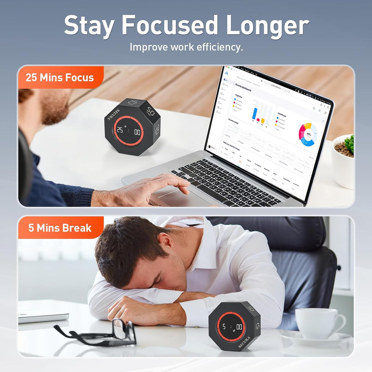 Pomodoro Timer with 5/10/15/20/25/50/90 Min Presets, 3 Level Volume