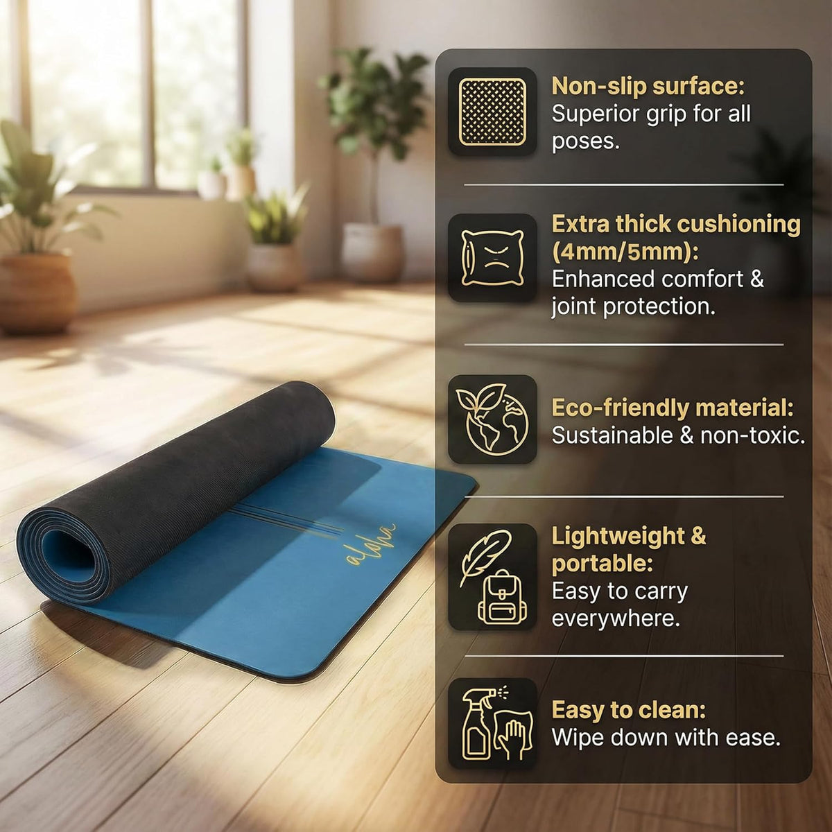 Bliss Premium Yoga Mat - 72" x 27" x 4.5mm Natural Rubber - Non-Slip with Alignment Lines - Sweat-Resistant, Thick Cushioned, Carrying Strap Included - for Yoga, Pilates, Hot Yoga & Fitness