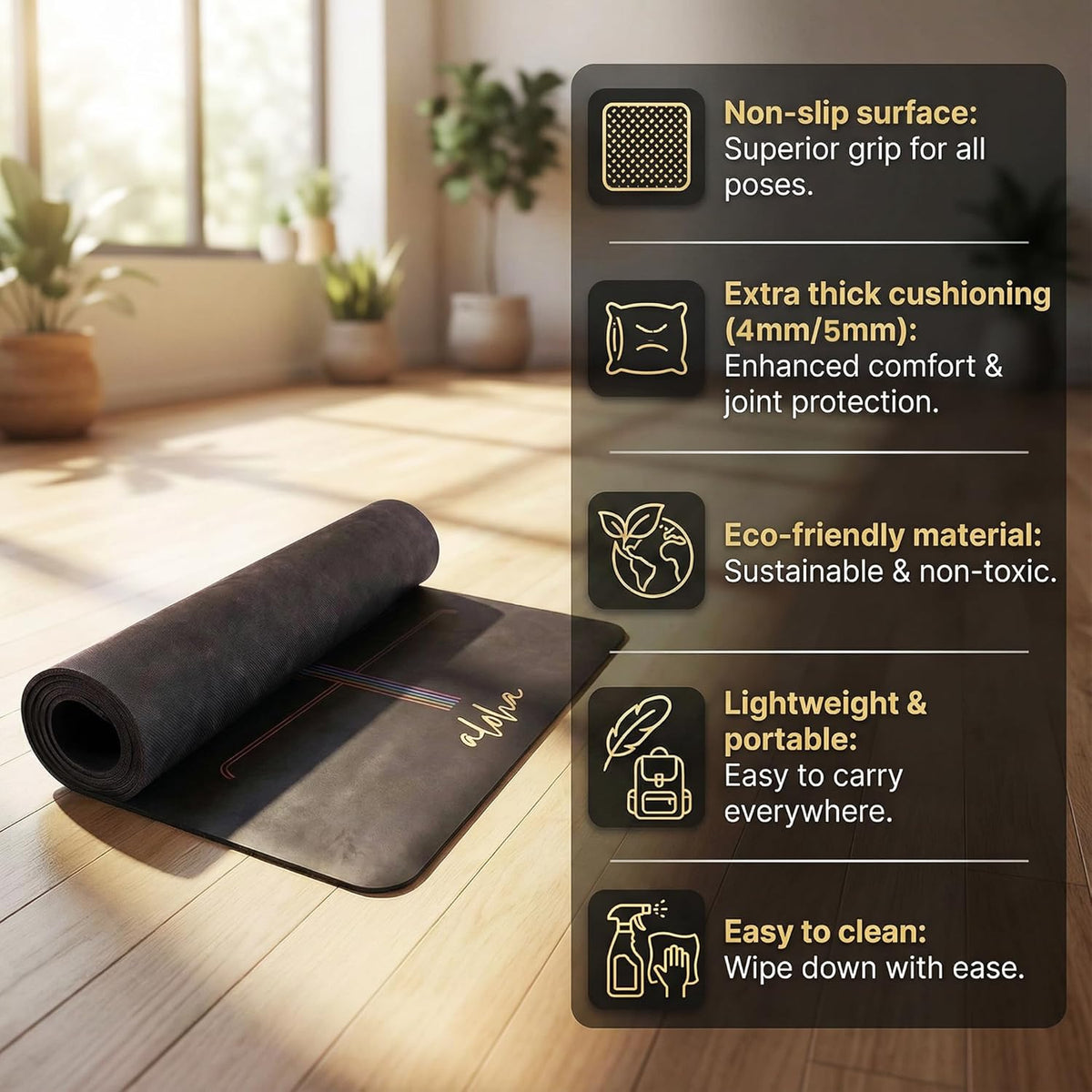 Bliss Premium Yoga Mat - 72" x 27" x 4.5mm Natural Rubber - Non-Slip with Alignment Lines - Sweat-Resistant, Thick Cushioned, Carrying Strap Included - for Yoga, Pilates, Hot Yoga & Fitness