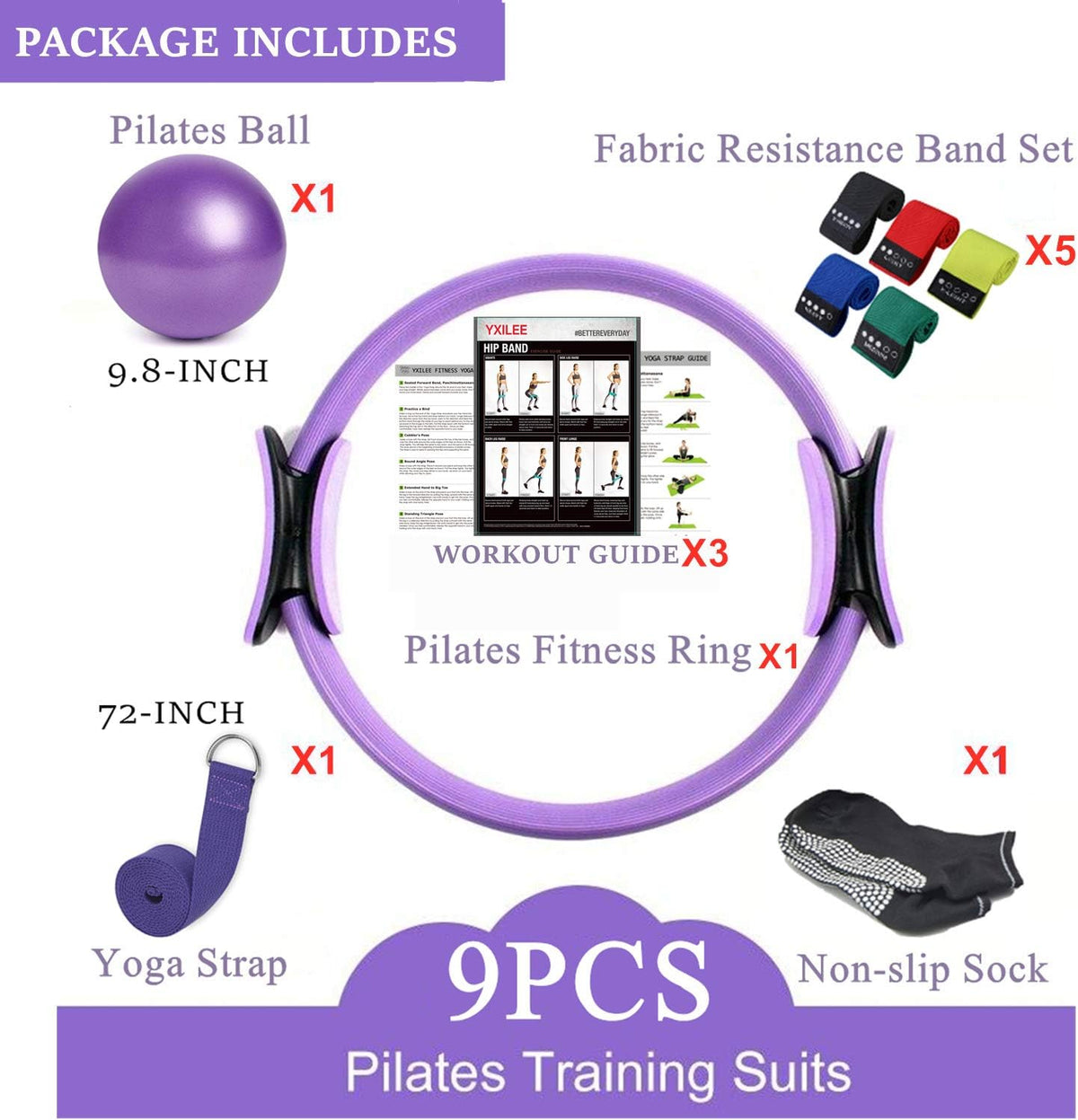 Pilates Ring Circle Set - Workout at Home Workout Equipment Women - Booty Bands Stretching Equipment Pilates Mini Exercise Ball for Legs Arms and Thighs
