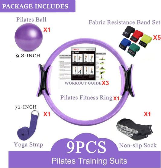 Pilates Ring Circle Set - Workout at Home Workout Equipment Women - Booty Bands Stretching Equipment Pilates Mini Exercise Ball for Legs Arms and Thighs
