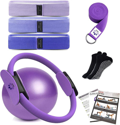 Pilates Ring Circle Set - Workout at Home Workout Equipment Women - Booty Bands Stretching Equipment Pilates Mini Exercise Ball for Legs Arms and Thighs