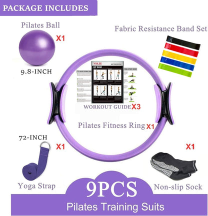 Pilates Ring Circle Set - Workout at Home Workout Equipment Women - Booty Bands Stretching Equipment Pilates Mini Exercise Ball for Legs Arms and Thighs