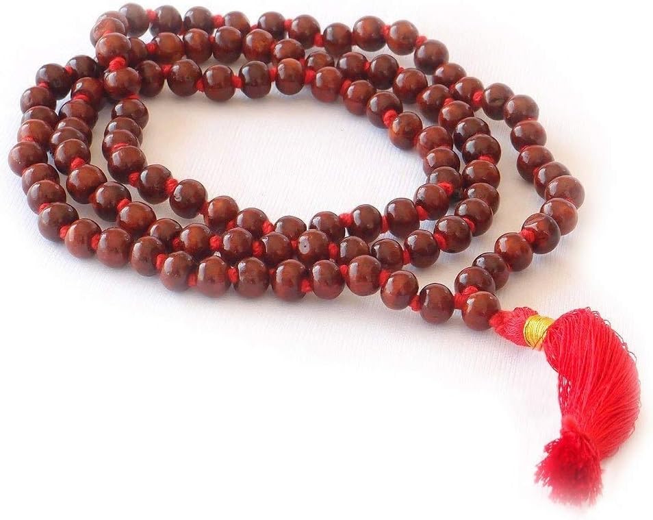 HealthAndYoga™ Rose Wood Mala (108 + 1 Beads with Tassel) & Velvet Bag - Hand Knotted Rosary for Mantra Chanting, Meditation - Invokes Vitality & Courage, Improves Skin Health, Influences Heart Chakra