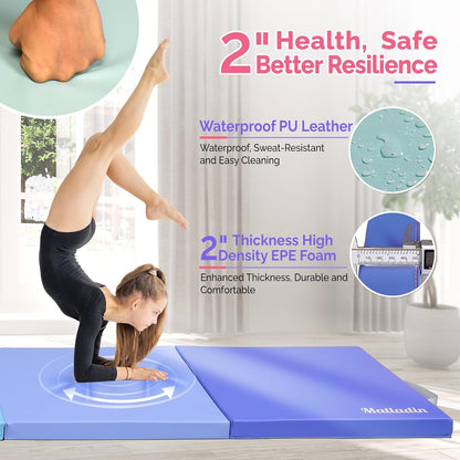 8 FT/6FT Folding Gymnastics Gym Exercise Aerobics Mat, PU Leather Tumbling Mats for Stretching Yoga Cheerleading Martial Arts, Play