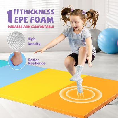 8 FT/6FT Folding Gymnastics Gym Exercise Aerobics Mat, PU Leather Tumbling Mats for Stretching Yoga Cheerleading Martial Arts, Play