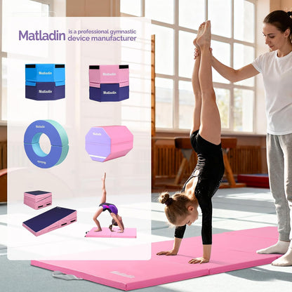 8 FT/6FT Folding Gymnastics Gym Exercise Aerobics Mat, PU Leather Tumbling Mats for Stretching Yoga Cheerleading Martial Arts, Play