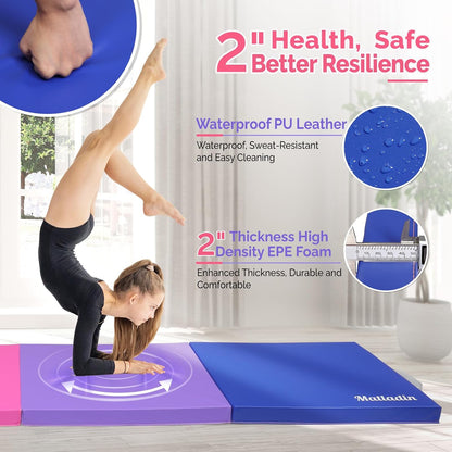 8 FT/6FT Folding Gymnastics Gym Exercise Aerobics Mat, PU Leather Tumbling Mats for Stretching Yoga Cheerleading Martial Arts, Play