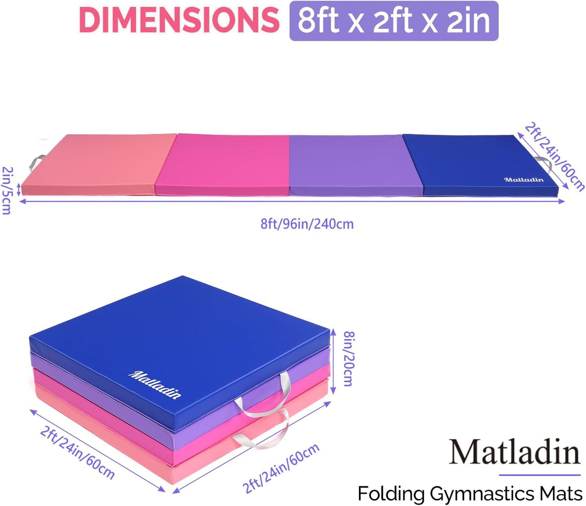 8 FT/6FT Folding Gymnastics Gym Exercise Aerobics Mat, PU Leather Tumbling Mats for Stretching Yoga Cheerleading Martial Arts, Play