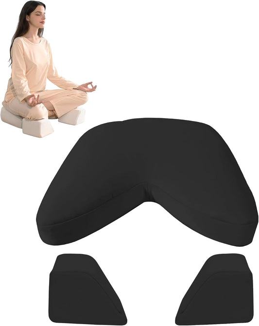 Meditation Cushion Set – Zafu Yoga Floor Pillow with Knee Support Pads, Buckwheat Hull Filling, Carry Bag & Zabuton-Style Base