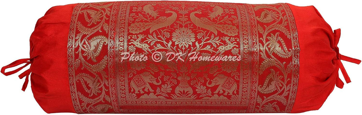 Indian Jacquard Brocade Silk Bolster Yoga Rectangle Pillow Cover Cylindrical Hotdog Red Tube Masand Home Decor Living Room Elephant Traditional Throw Cushion Cover 76x38 cm - 1 Pc
