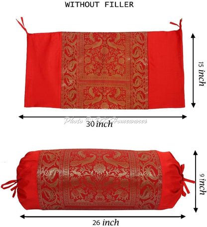 Indian Jacquard Brocade Silk Bolster Yoga Rectangle Pillow Cover Cylindrical Hotdog Red Tube Masand Home Decor Living Room Elephant Traditional Throw Cushion Cover 76x38 cm - 1 Pc
