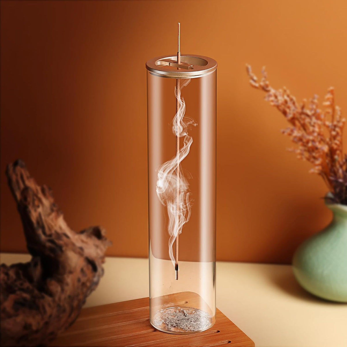 Incense Holder for Sticks [Anti-Ash Flying], Modern Insence-Stick Burner Holder with Removable Glass Ash Catcher, for Home Decor Yoga Meditation (Champagne Gold)