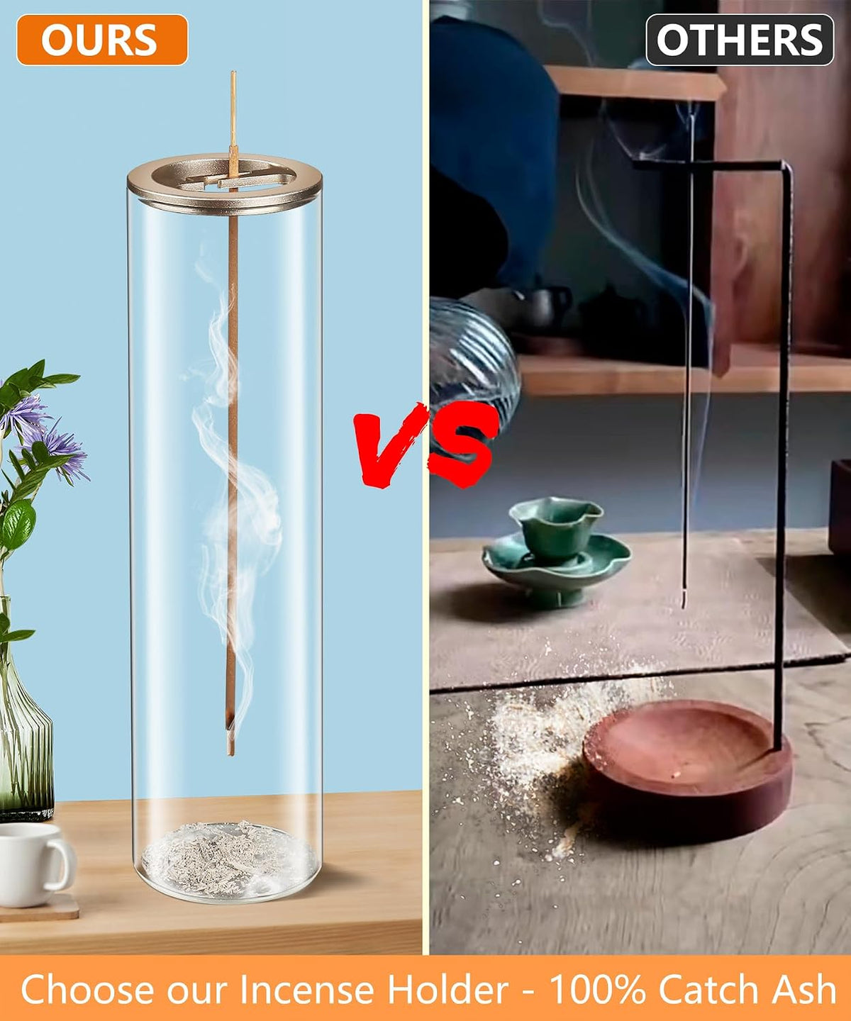 Incense Holder for Sticks [Anti-Ash Flying], Modern Insence-Stick Burner Holder with Removable Glass Ash Catcher, for Home Decor Yoga Meditation (Champagne Gold)
