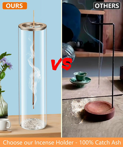 Incense Holder for Sticks [Anti-Ash Flying], Modern Insence-Stick Burner Holder with Removable Glass Ash Catcher, for Home Decor Yoga Meditation (Champagne Gold)