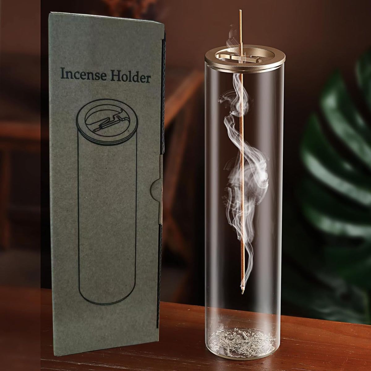Incense Holder for Sticks [Anti-Ash Flying], Modern Insence-Stick Burner Holder with Removable Glass Ash Catcher, for Home Decor Yoga Meditation (Champagne Gold)