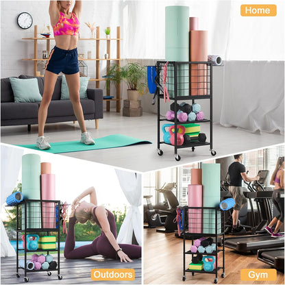 Yoga Mat Storage Rack Home Gym Workout Equipment Storage Cart with Hooks Wheels Small Metal Weight Rack for Dumbbells, Kettlebells, Foam Rollers, Resistance Bands, Yoga Block