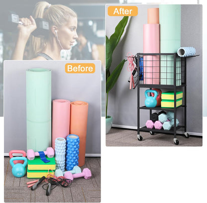 Yoga Mat Storage Rack Home Gym Workout Equipment Storage Cart with Hooks Wheels Small Metal Weight Rack for Dumbbells, Kettlebells, Foam Rollers, Resistance Bands, Yoga Block