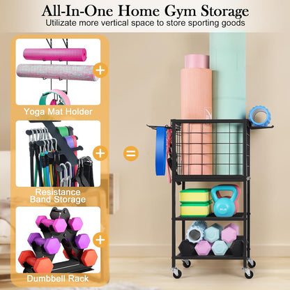 Yoga Mat Storage Rack Home Gym Workout Equipment Storage Cart with Hooks Wheels Small Metal Weight Rack for Dumbbells, Kettlebells, Foam Rollers, Resistance Bands, Yoga Block