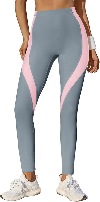 Womens High Waisted Leggings Color Block Yoga Pants Workout Running Stretchy No See Through Leggings