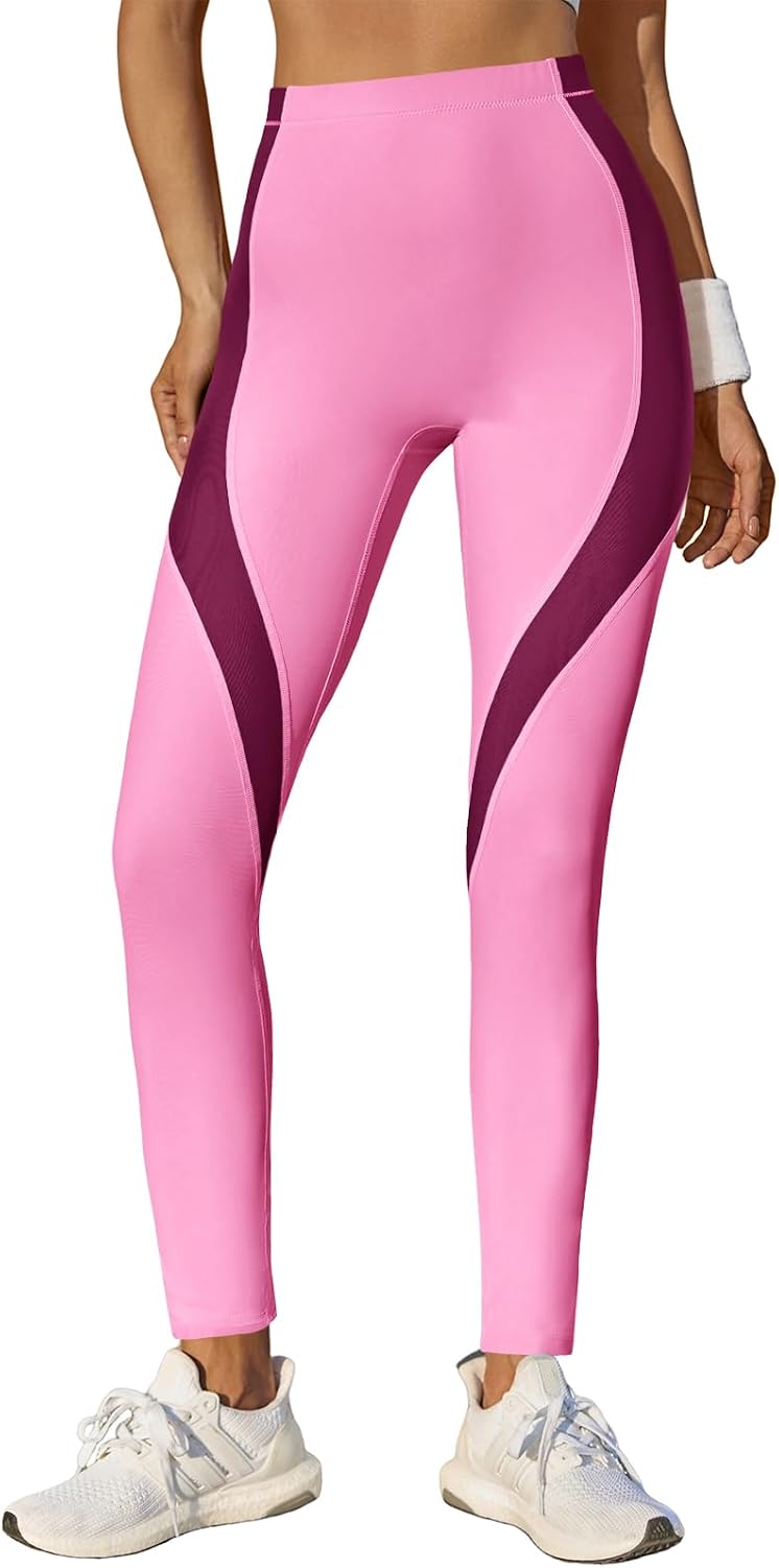 Womens High Waisted Leggings Color Block Yoga Pants Workout Running Stretchy No See Through Leggings