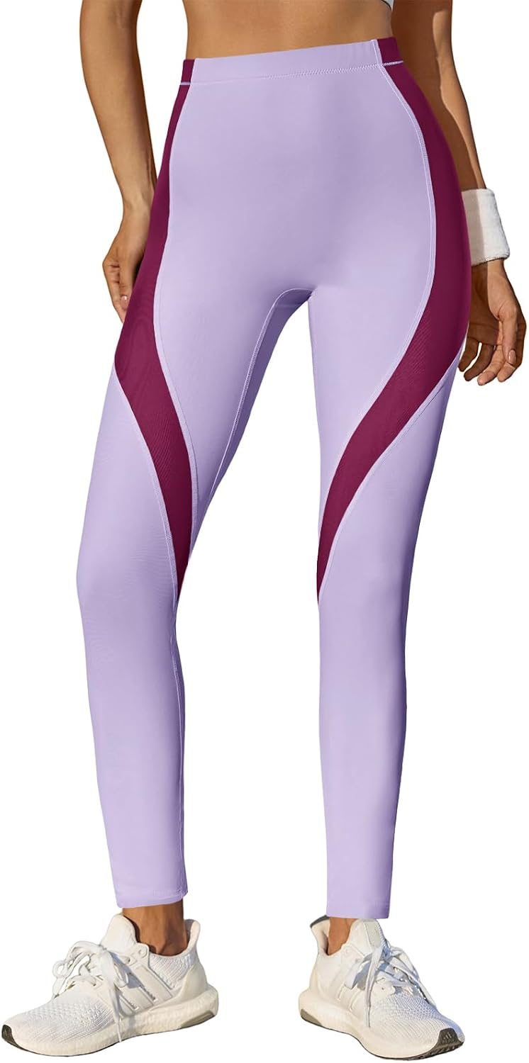 Womens High Waisted Leggings Color Block Yoga Pants Workout Running Stretchy No See Through Leggings