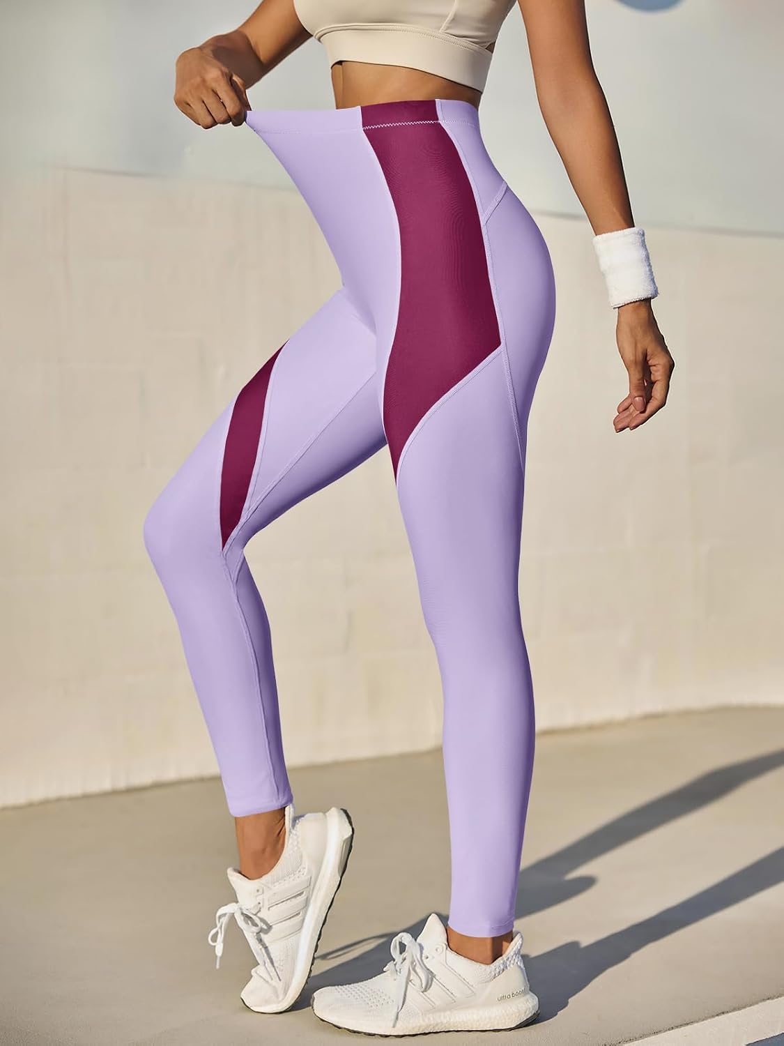 Womens High Waisted Leggings Color Block Yoga Pants Workout Running Stretchy No See Through Leggings