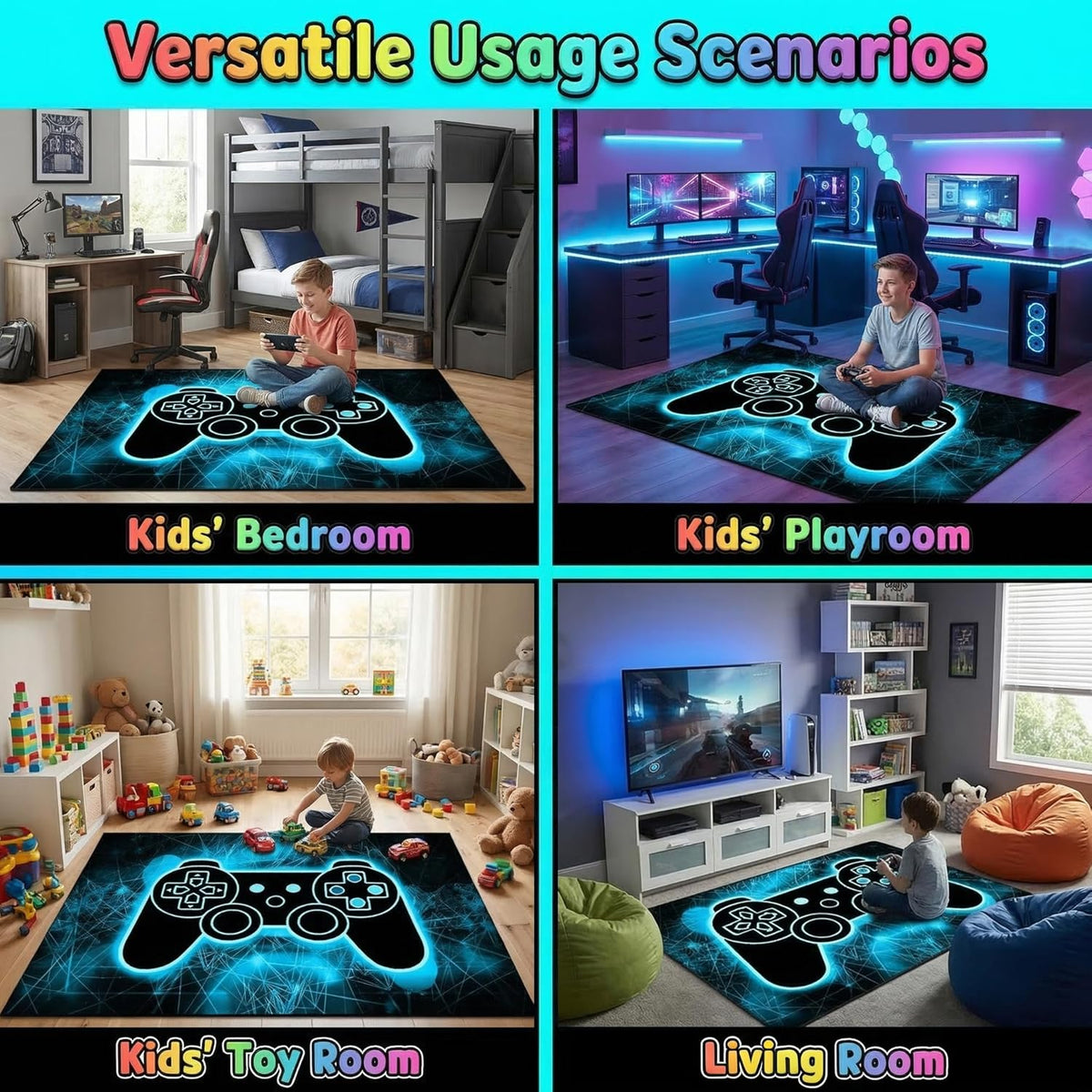 Video Game Rug - Gaming Themed Rug Gamepad Controller Area Rugs for Bedroom Gaming Carpet for Boys Game Carpet for Playrooms Bedroom Doormat Yoga Mats