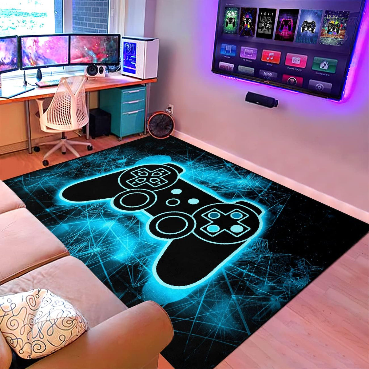 Video Game Rug - Gaming Themed Rug Gamepad Controller Area Rugs for Bedroom Gaming Carpet for Boys Game Carpet for Playrooms Bedroom Doormat Yoga Mats