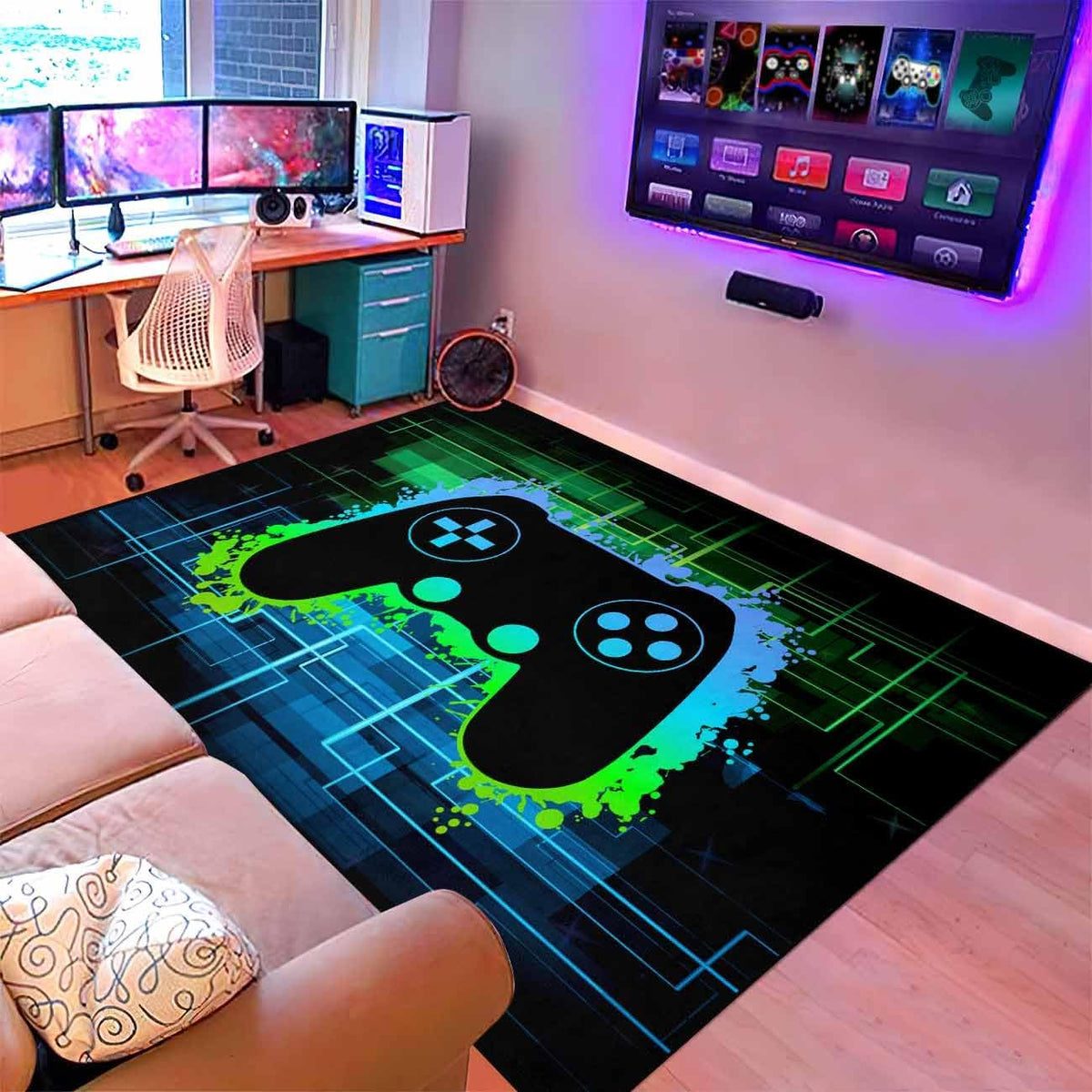 Video Game Rug - Gaming Themed Rug Gamepad Controller Area Rugs for Bedroom Gaming Carpet for Boys Game Carpet for Playrooms Bedroom Doormat Yoga Mats