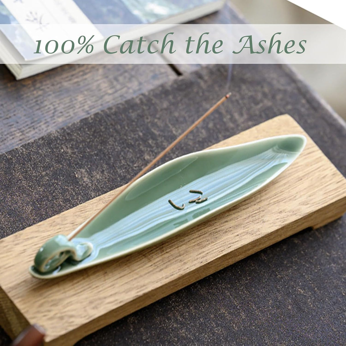9" Length Incense Stick Holder with 3 Holes, White Porcelain Incense Tray Ash Cather for Spa, Meditation Room, Yoga, Home, Office (Green)
