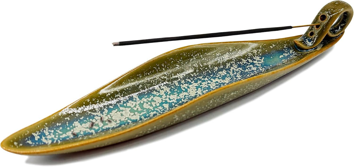 9" Length Incense Stick Holder with 3 Holes, White Porcelain Incense Tray Ash Cather for Spa, Meditation Room, Yoga, Home, Office (Green)
