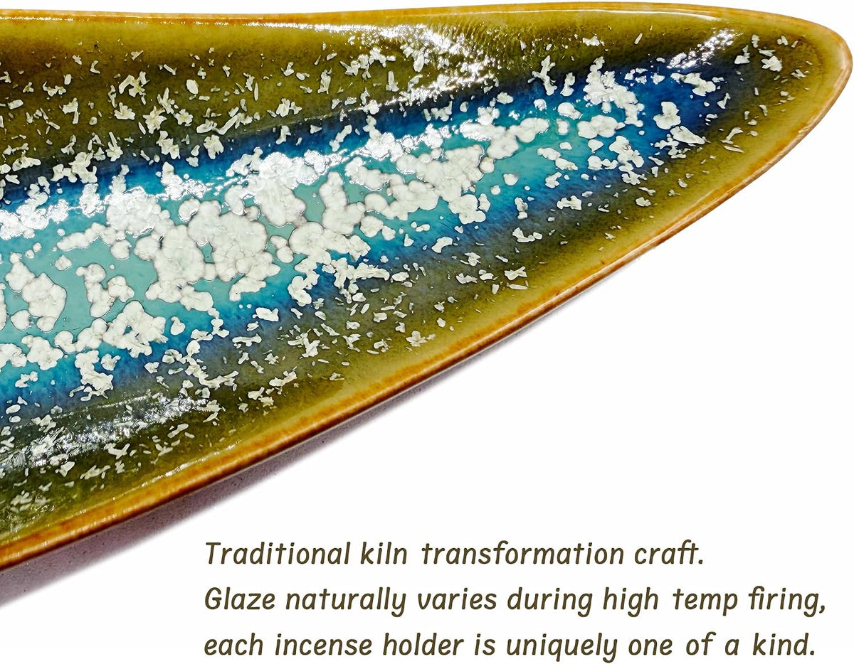 9" Length Incense Stick Holder with 3 Holes, White Porcelain Incense Tray Ash Cather for Spa, Meditation Room, Yoga, Home, Office (Green)