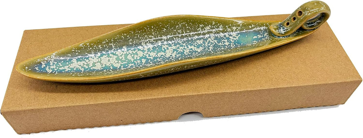 9" Length Incense Stick Holder with 3 Holes, White Porcelain Incense Tray Ash Cather for Spa, Meditation Room, Yoga, Home, Office (Green)