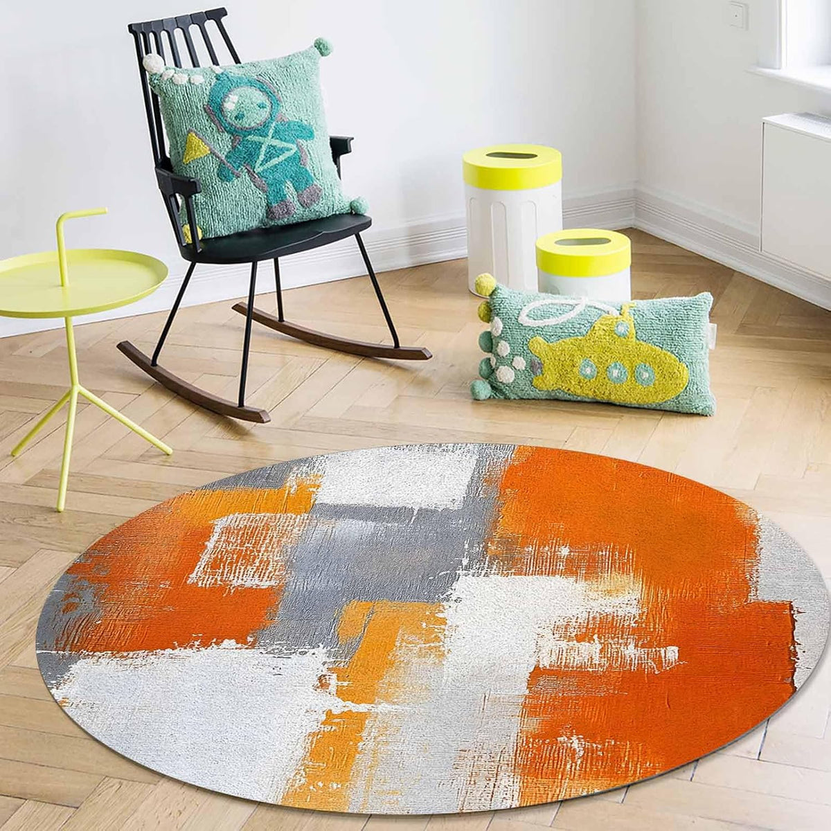 Orange Round Area Rug for Living Room 6 ft Abstract Modern Contemporary Rug Carpet Floor Mat Yoga Mat for Boys Girls Playroom Home Decor 6 ft