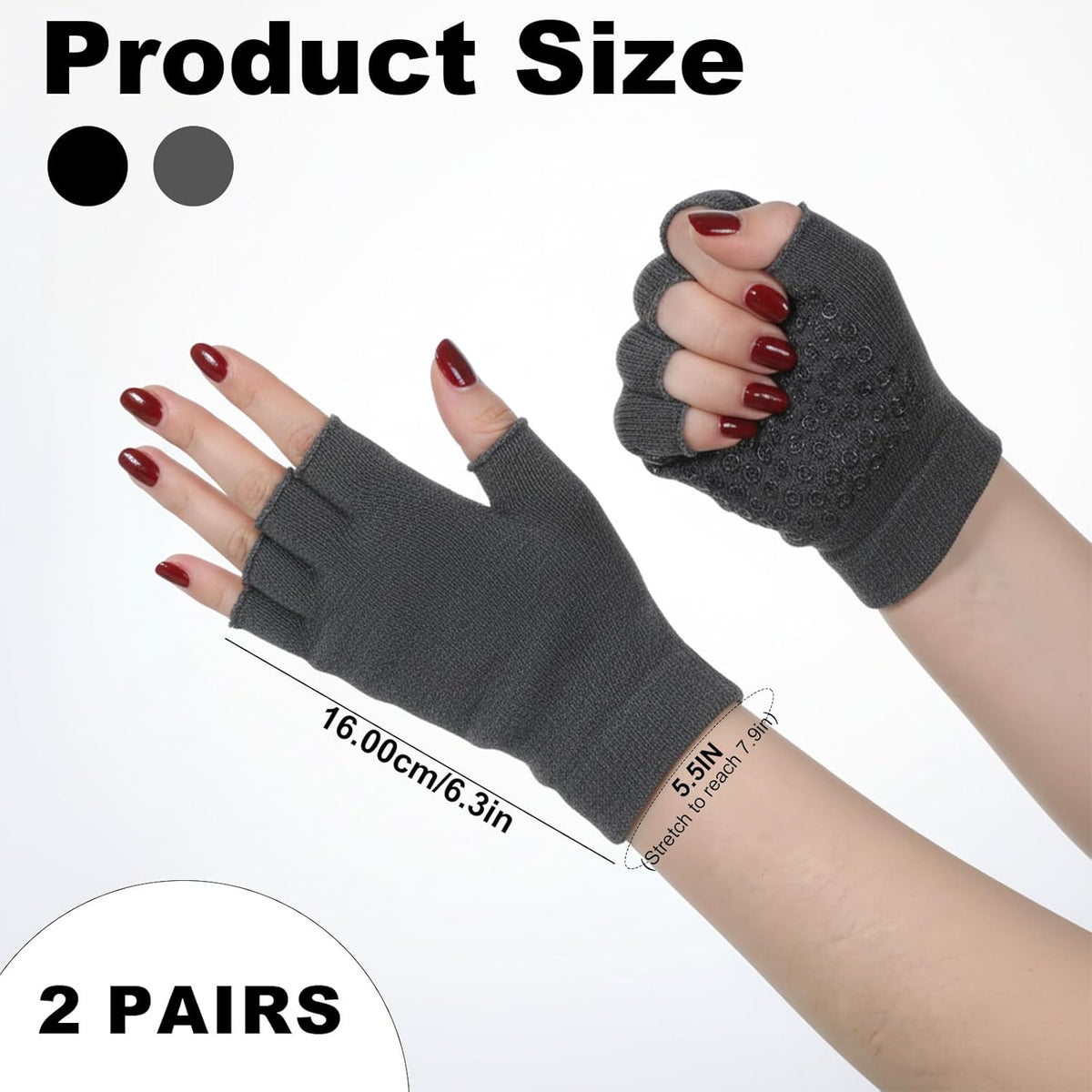 2 Pairs Yoga Gloves Pilates Gloves with Grips for Women Fingerless Non Slip Gym Glove for Workout Sport Pilates, Fitness, Exercise Black Grey