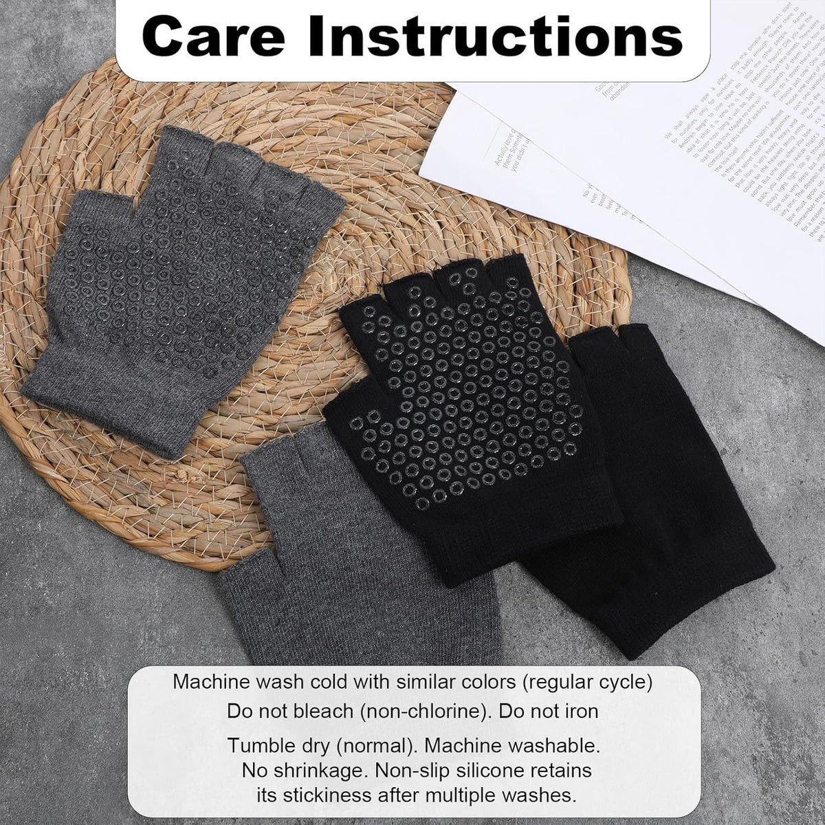 2 Pairs Yoga Gloves Pilates Gloves with Grips for Women Fingerless Non Slip Gym Glove for Workout Sport Pilates, Fitness, Exercise Black Grey