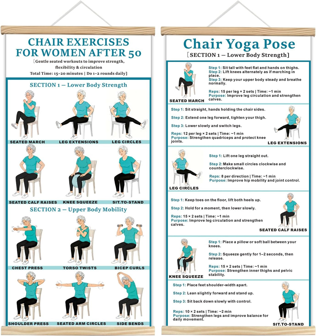 2PC-Chair Yoga & Seated Exercise Poster for Seniors & Beginners ,Extra Large Font Fabric Wall Chart with Hanging Rod & String , Durable Foldable Guide for Home/Office (Lower Body Strength & Upper Body Mobility) (off-white)