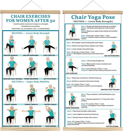 2PC-Chair Yoga & Seated Exercise Poster for Seniors & Beginners ,Extra Large Font Fabric Wall Chart with Hanging Rod & String , Durable Foldable Guide for Home/Office (Lower Body Strength & Upper Body Mobility) (off-white)