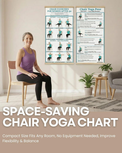2PC-Chair Yoga & Seated Exercise Poster for Seniors & Beginners ,Extra Large Font Fabric Wall Chart with Hanging Rod & String , Durable Foldable Guide for Home/Office (Lower Body Strength & Upper Body Mobility) (off-white)