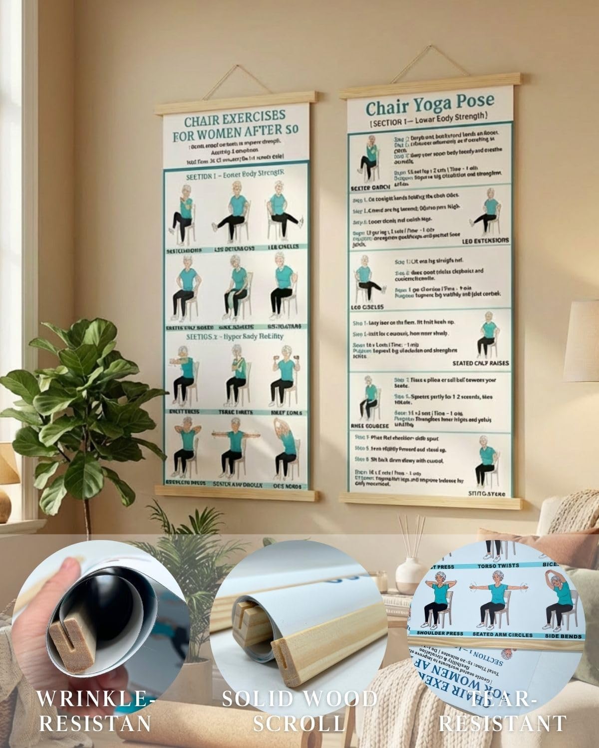 2PC-Chair Yoga & Seated Exercise Poster for Seniors & Beginners ,Extra Large Font Fabric Wall Chart with Hanging Rod & String , Durable Foldable Guide for Home/Office (Lower Body Strength & Upper Body Mobility) (off-white)