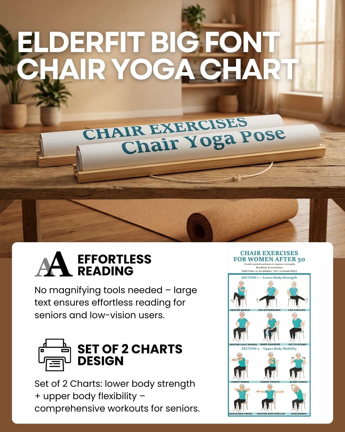 2PC-Chair Yoga & Seated Exercise Poster for Seniors & Beginners ,Extra Large Font Fabric Wall Chart with Hanging Rod & String , Durable Foldable Guide for Home/Office (Lower Body Strength & Upper Body Mobility) (off-white)