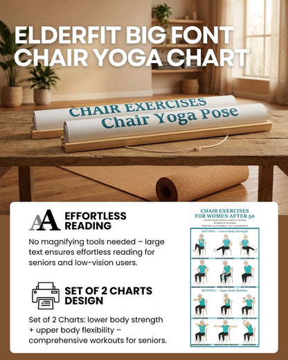 2PC-Chair Yoga & Seated Exercise Poster for Seniors & Beginners ,Extra Large Font Fabric Wall Chart with Hanging Rod & String , Durable Foldable Guide for Home/Office (Lower Body Strength & Upper Body Mobility) (off-white)
