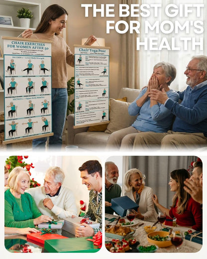 2PC-Chair Yoga & Seated Exercise Poster for Seniors & Beginners ,Extra Large Font Fabric Wall Chart with Hanging Rod & String , Durable Foldable Guide for Home/Office (Lower Body Strength & Upper Body Mobility) (off-white)