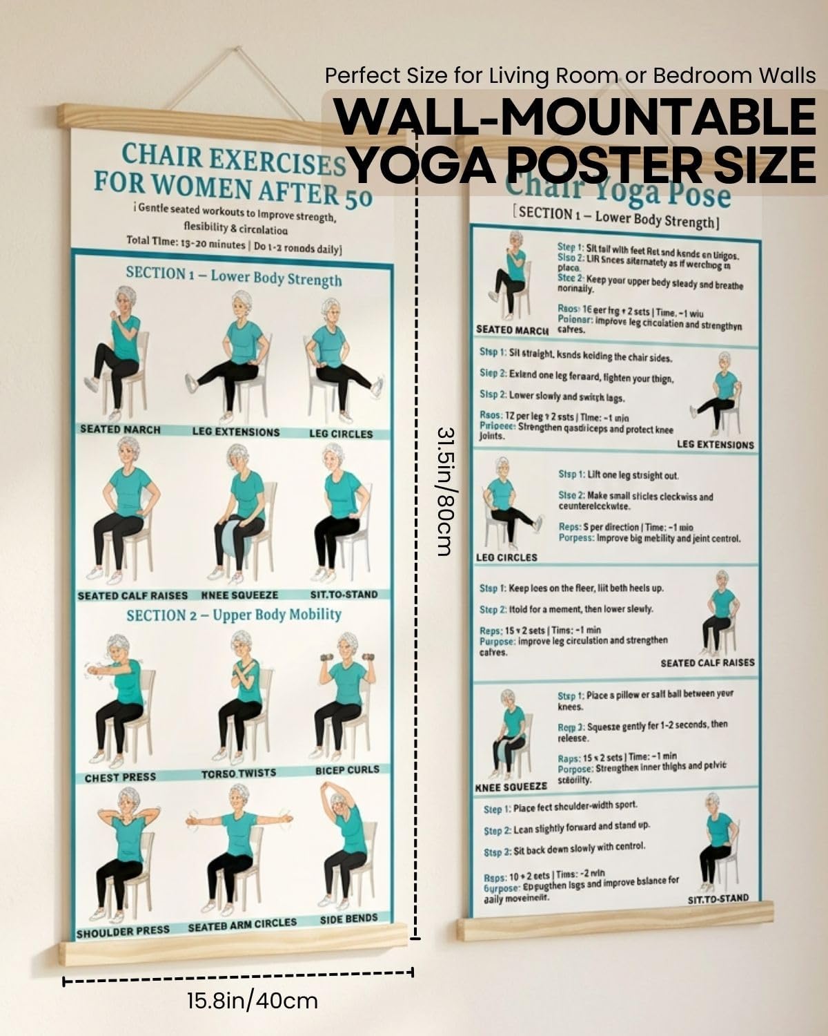 2PC-Chair Yoga & Seated Exercise Poster for Seniors & Beginners ,Extra Large Font Fabric Wall Chart with Hanging Rod & String , Durable Foldable Guide for Home/Office (Lower Body Strength & Upper Body Mobility) (off-white)