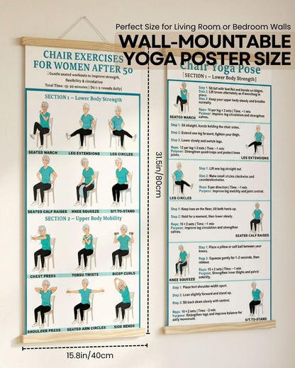 2PC-Chair Yoga & Seated Exercise Poster for Seniors & Beginners ,Extra Large Font Fabric Wall Chart with Hanging Rod & String , Durable Foldable Guide for Home/Office (Lower Body Strength & Upper Body Mobility) (off-white)