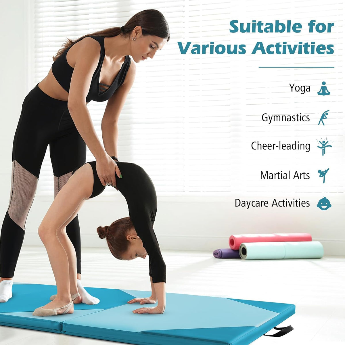 4'x10'x 2" Gymnastics Mat, 4-Panel Folding Aerobics Exercise Mat w/Hook & Loop Fastener, Carrying Handle, Portable Tumbling Mat for Stretching Yoga Cheerleading Martial Arts